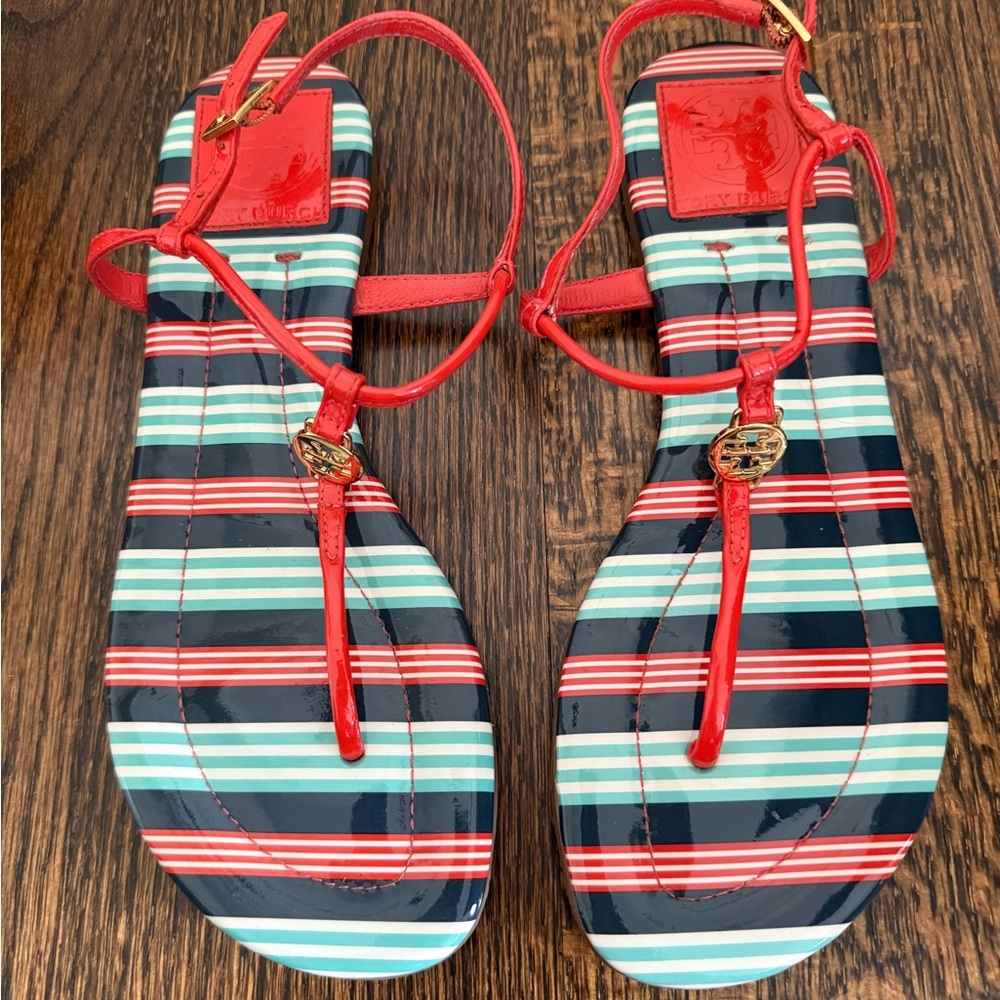 Tory Burch Ali Patent Leather Sandals in Coral/ Multi-Stripe